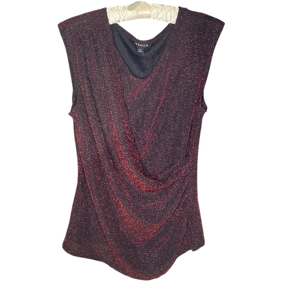 Jessica Red Shimmer Sleeveless Draped Neckline Sleeveless Top